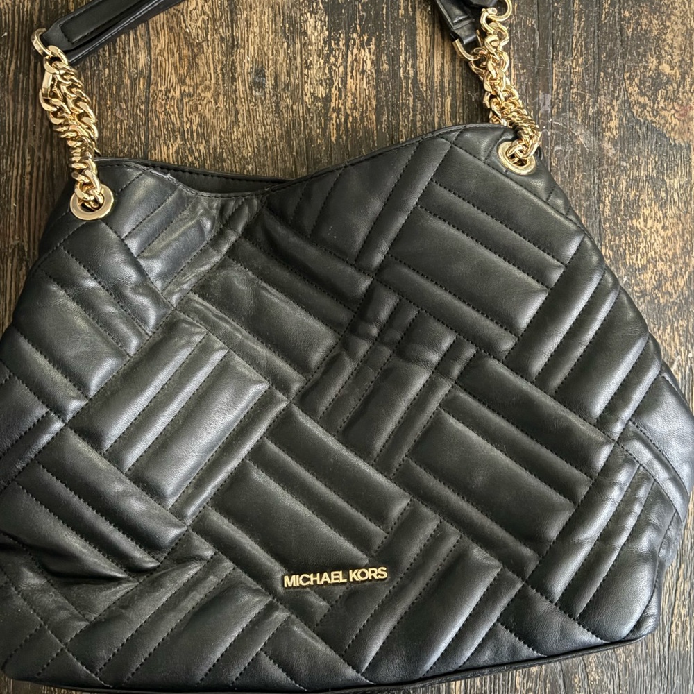 Michael Kors Black Quilted Shoulder Bag with Gold Accents